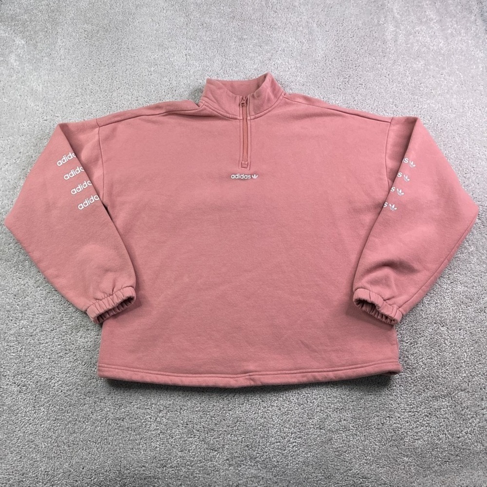 Adidas Sweatshirt Womens Medium Pink Trefoil Repeat Quarter Zip Pullover Sweater - Picture 1 of 13